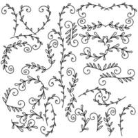Set of linear decorative elements with leaves and curls, doodle leaves in the form of dividers, corners, borders for design vector