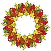 Wreath of autumn doodle leaves with trees of various types, round frame of set colorful leaf vector