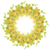 A wreath of juicy yellow melons and color splashes with splashes, bright yellow fruit whole and slices in the form of a round frame vector