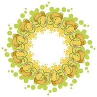 A wreath of juicy yellow melons and color splashes with splashes, bright yellow fruit whole and slices in the form of a round frame vector