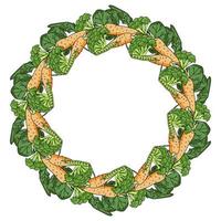 A wreath of vegetables, carrots, broccoli, spinach and peas arranged in a round frame vector