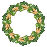 A wreath of vegetables, carrots, broccoli, spinach and peas arranged in a round frame vector