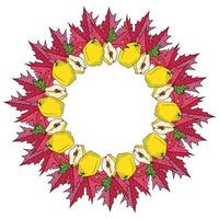 Autumn wreath of red maple leaves with patterns and quince, fruits cut and whole and a bunch of leaves laid out in a round frame vector