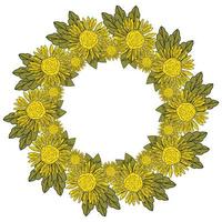 A wreath of yellow flowers and green leaves, bright flowers with small petals and a black contour outline, arranged in the form of a round frame vector