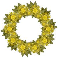 A wreath of yellow flowers and green leaves, bright flowers with small petals and a black contour outline, arranged in the form of a round frame vector