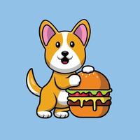 Lindo perro corgi con ilustración de icono de vector de dibujos animados de hamburguesa