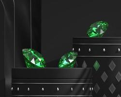 Diamantes de esmeralda verde colocados en la representación 3d del fondo negro foto