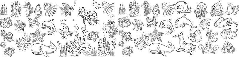 Big set of cartoon sea creatures,Set of hand-drawn cartoon sea life