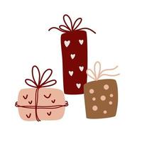 Set de cajas de regalo de Navidad. elementos para unas vacaciones y cumpleaños felices fiestas y feliz navidad. mano de dibujos animados dibujar ilustración vectorial. vector