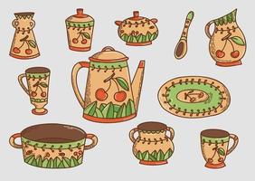 Ceramic kitchenware hand drawn vector doodle set