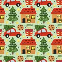 Winter holiday hand drawn seamless pattern background Merry Christmas and Happy New Year house car christmas tree decor star gift box wrapping paper packaging design vector