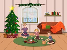 Children unpack gifts near the Christmas tree in the living room. Christmas morning. Vector illustration in cartoon style