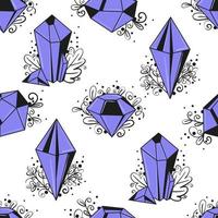 patrón transparente con cristales púrpuras mágicos y hojas y monogramas de arte de línea negra. vector de fondo para papel de regalo
