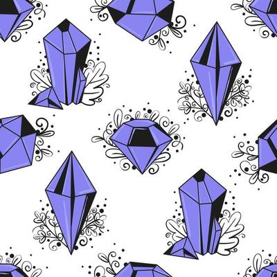 Seamless pattern with magical purple crystals and black line art leaves and monograms. Vector background for wrapping paper