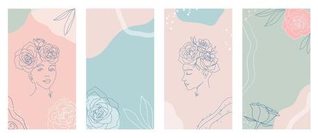 Line art women faces with roses. Social media cover templates for posts, stories or banners vector. Beauty concept. vector
