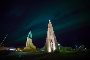 Northern lights shining over the church in Reykjavik