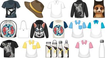 conjunto de diferentes camisetas y accesorios con estampados de animales. vector