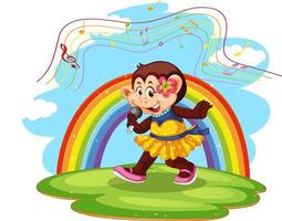 Monkey singing cartoon character with rainbow background vector