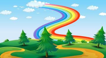 Escena del paisaje del parque con arco iris en el cielo vector