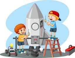 Los niños arreglando un cohete juntos sobre fondo blanco. vector