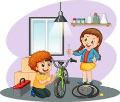 Children fixing a bicycle together vector