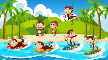 Beach scene with monkeys doing different activities vector