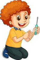 A boy holding a screwdriver on white background vector