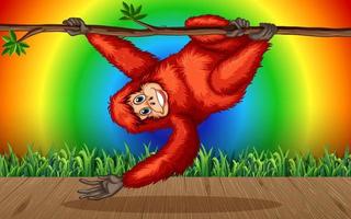 Personaje de dibujos animados de orangután en el bosque sobre fondo de arco iris degradado vector