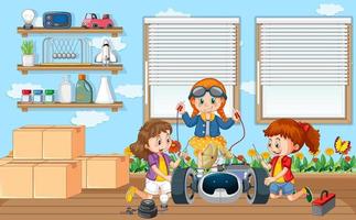 Children fixing a robot together in the room scene vector