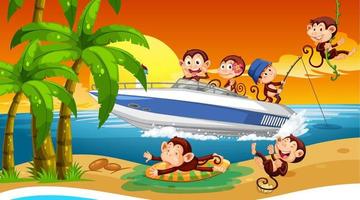 Beach scene with monkeys doing different activities vector