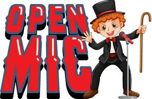 Open mic logo design with magician boy cartoon character vector