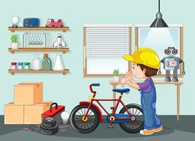 A boy fixing a bicycle in the room scene vector