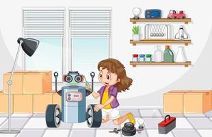 Children fixing a robot together in the room scene vector