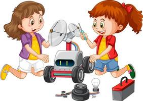 Children fixing a robot together on white background vector