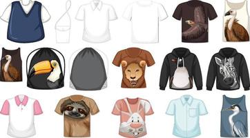 conjunto de diferentes camisetas y accesorios con estampados de animales. vector