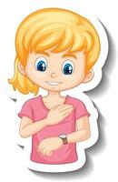 una niña mirando su pegatina de personaje de dibujos animados de reloj de pulsera vector