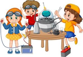 Children fixing a robot together on white background vector