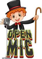 Open mic logo design with magician boy cartoon character vector