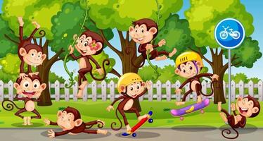Little monkeys playing at the park vector