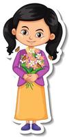 A girl holding flower bouquet cartoon character vector