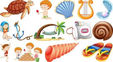 Set of summer beach objects and cartoon characters vector