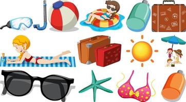 Set of summer beach objects and cartoon characters vector