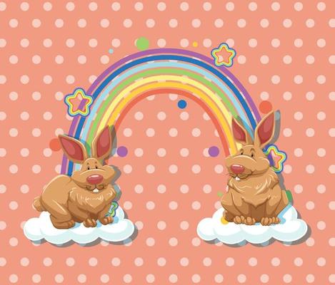 Two rabbits on the cloud with rainbow on polka dot background