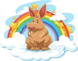 lindo conejo en la nube con arcoiris vector