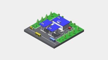 Isometric gas station illustrated on a background video