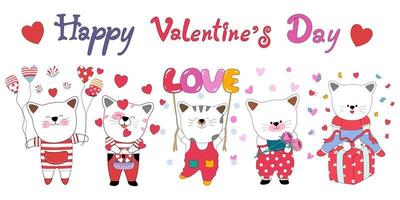 Happy Valentine's Day with cute cats designed in doodle style. Perfect for Valentine's Day themes vector