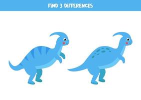 Find 3 differences between two cute dinosaurs. vector