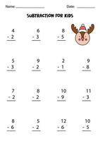 Subtraction with cute reindeer. Educational math game for kids. vector