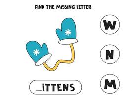 Find missing letter with pair of mittens. Spelling worksheet. vector