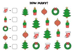 Counting game with Christmas pictures. Math worksheet. vector